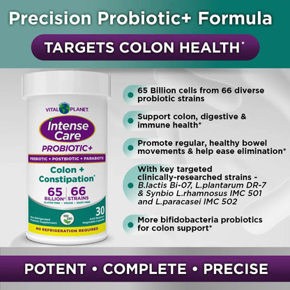 Vital Planet - Intense Care Colon & Constipation Probiotics Plus Organic Prebiotics, Postbiotics, Parabiotics, Complete 4-in-1 Health Supplement for Adults, 65 Billion CFU, 66 Strains, 30 ct Vital PlanetBuy Supplements Australia