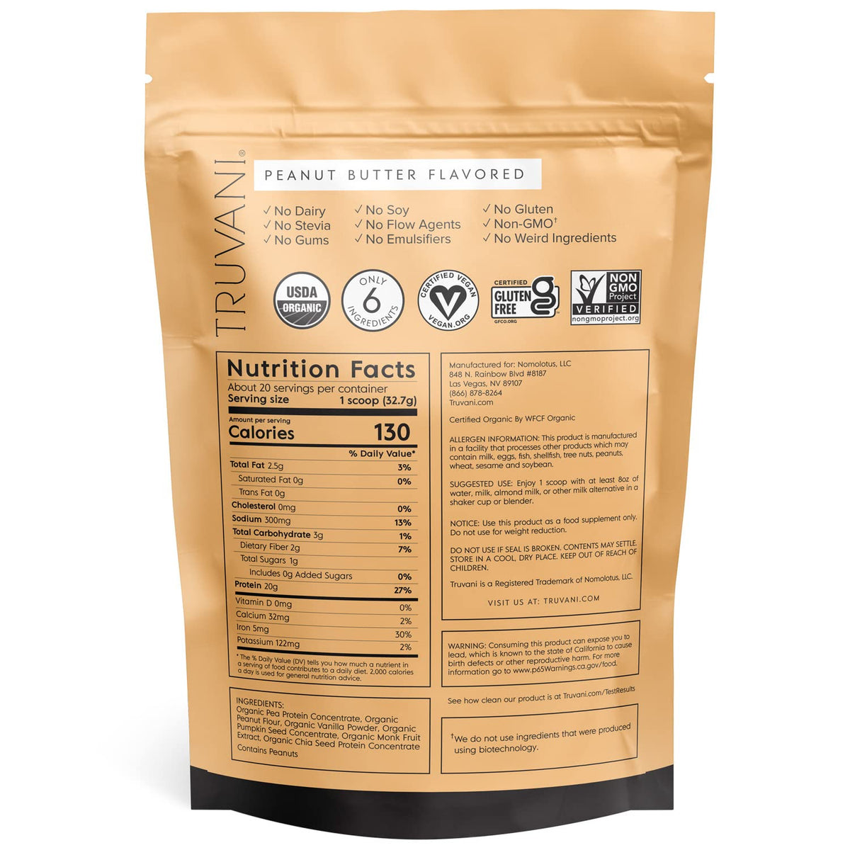 Truvani Organic Vegan Protein Powder Peanut Butter - 20g of Plant Based Protein, Powder TruvaniBuy Supplements Australia
