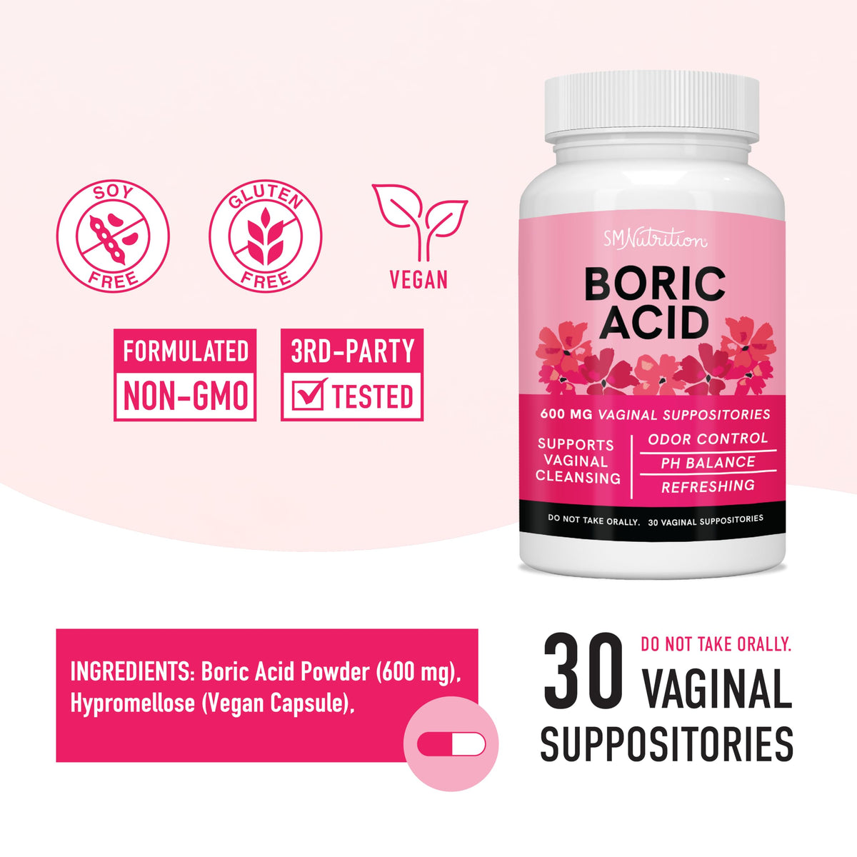 Boric Acid Suppositories for Women | 600mg | for pH Balance, Vaginal Odor & Itching | Feminine Hygiene SMNutritionBuy Supplements Australia
