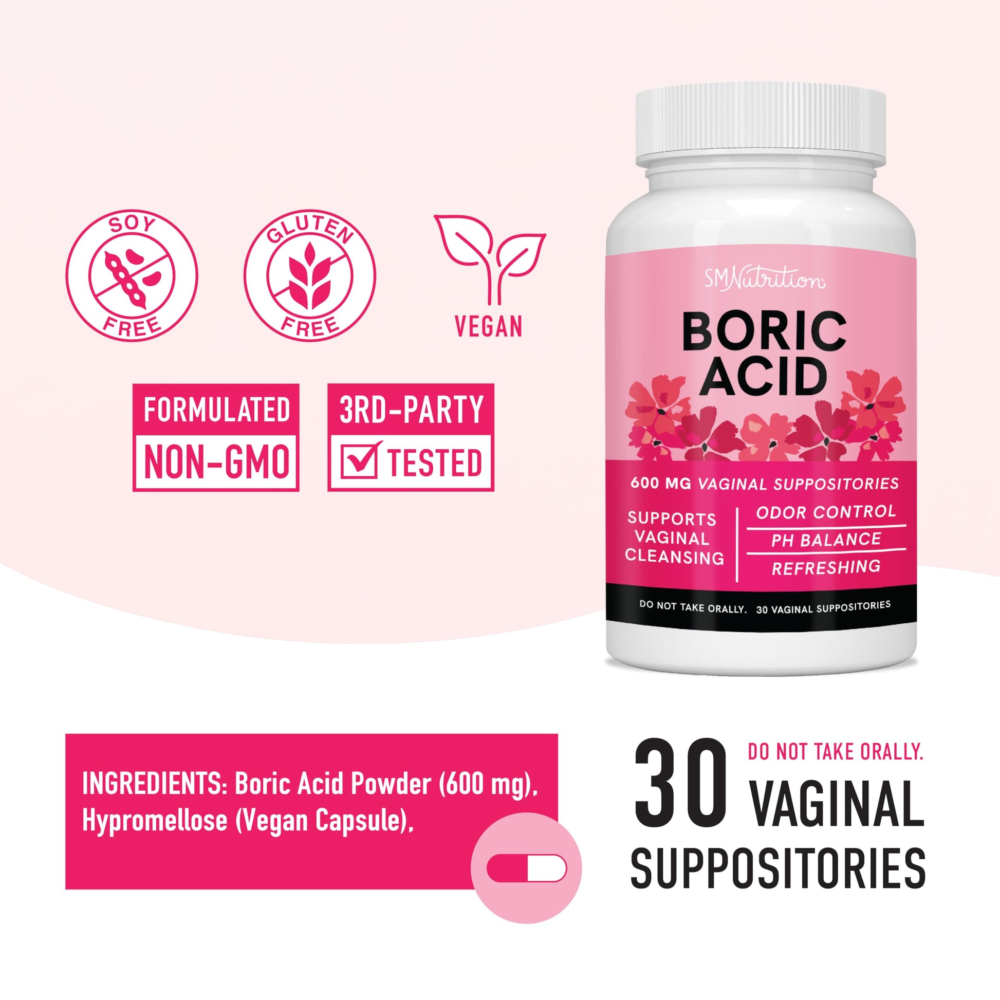 Boric Acid Suppositories for Women | 600mg | for pH Balance, Vaginal Odor & Itching | Feminine Hygiene SMNutritionBuy Supplements Australia