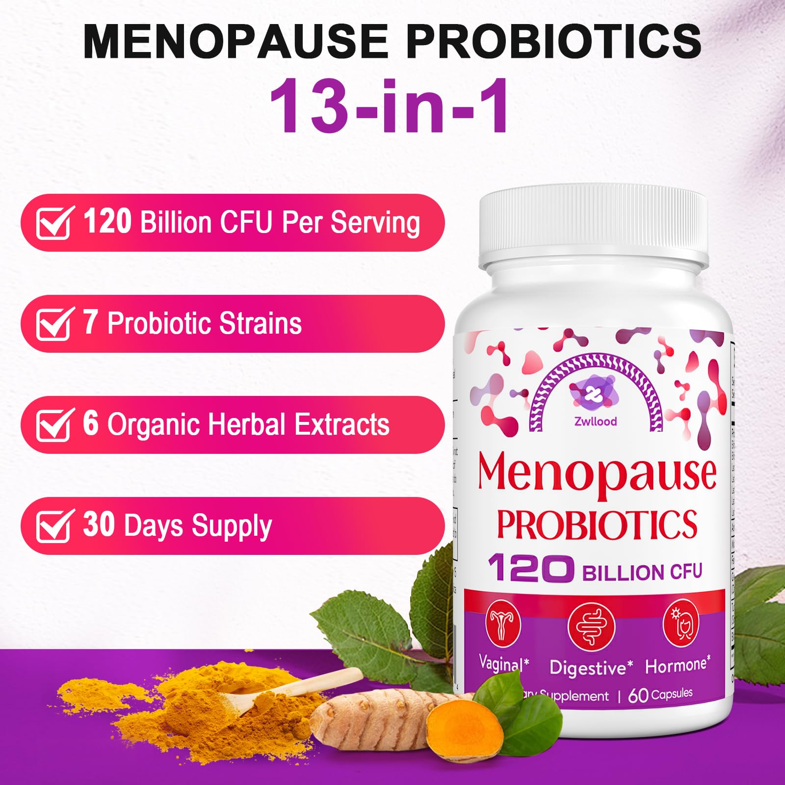 Menopause Supplements for Women, 120 Billion CFU Menopause Probiotics for Women, All-Natural Probiotic for Hot Flashes Menopause, Night Sweats, Mood Swings, Gut and Hormone - 60 Herbal Capsules ZwlloodBuy Supplements Australia