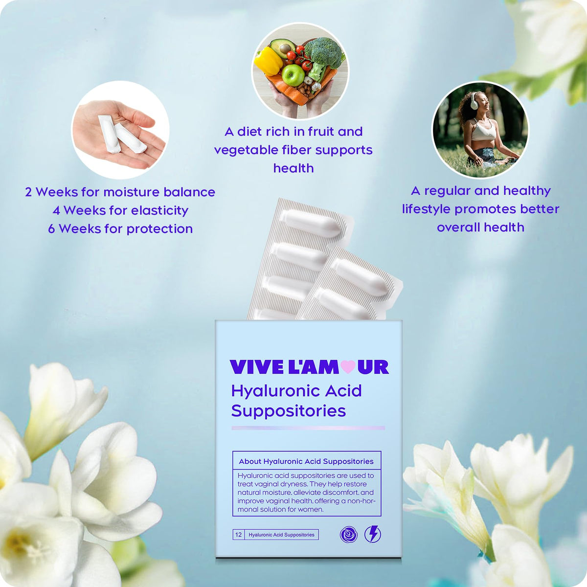 Vive L'Amour 15mg Hyaluronic Acid Vaginal Suppositories (2-Pack, 24 Count), Vaginal Moisturizer, Continuous Hydration, Relieves Vaginal Dryness, Restores Natural Softness & Elasticity, Vaginal Health Vive L'AmourBuy Supplements Australia