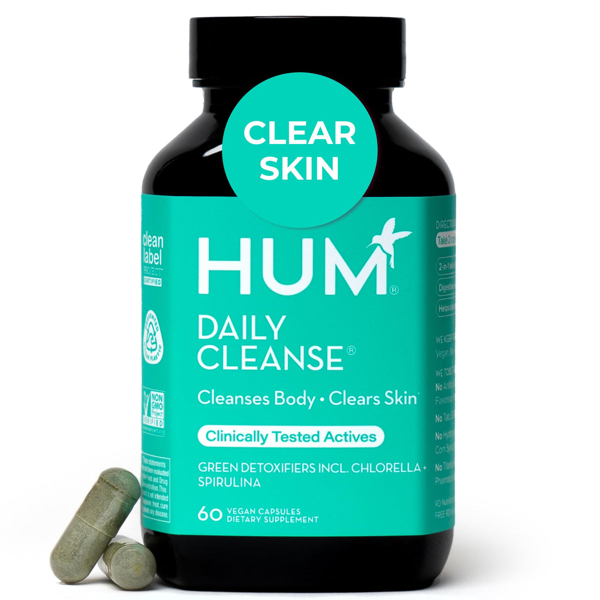 HUM Daily Cleanse Acne Supplements for Women & Men, Gentle Digestive Cleanse for Clear Skin Support, Zinc, Spirulina, Chlorella, Detoxifying Herbs, Organic Algae, Skin Vitamins Supplement, 60 Capsules HUMBuy Supplements Australia