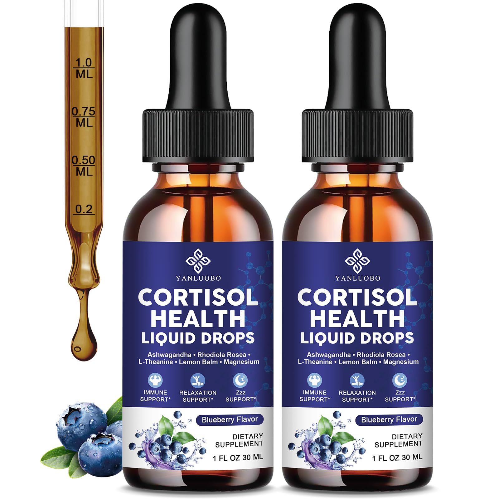 Cortisol Supplements for Women - Cortisol Manager Liquid Drops with Magnesium, Ashwagandha & Rhodiola rosea, L-theanine - Promotes Relaxation & Better Sleep, Mood, Blueberry Flavors, 1FL.OZ(2PC) YANLUOBOBuy Supplements Australia