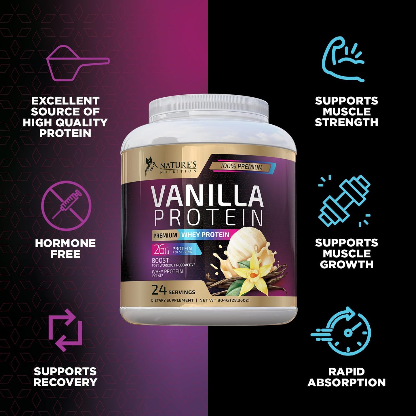 Whey Protein Powder 26g - Vanilla Ice Cream Whey Isolate Protein for Muscle Growth Nature's NutritionBuy Supplements Australia