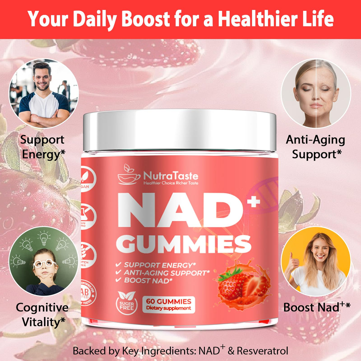 NUTRATASTE HEALTHIER CHOICE RICHER TASTE NAD⁺ Gummies Supplement for Anti-Aging, Energy & Focus Boost | Resveratrol, Nicotinamide Riboside | Strawberry Flavor, Vegan, Sugar-Free,60 Count (Pack of 1) NUTRATASTE HEALTHIER CHOICE RICHER TASTEBuy Supplements Australia