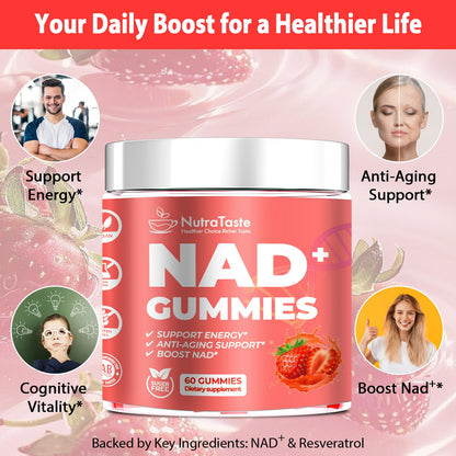 NUTRATASTE HEALTHIER CHOICE RICHER TASTE NAD⁺ Gummies Supplement for Anti-Aging, Energy & Focus Boost | Resveratrol, Nicotinamide Riboside | Strawberry Flavor, Vegan, Sugar-Free,60 Count (Pack of 1) NUTRATASTE HEALTHIER CHOICE RICHER TASTEBuy Supplements Australia