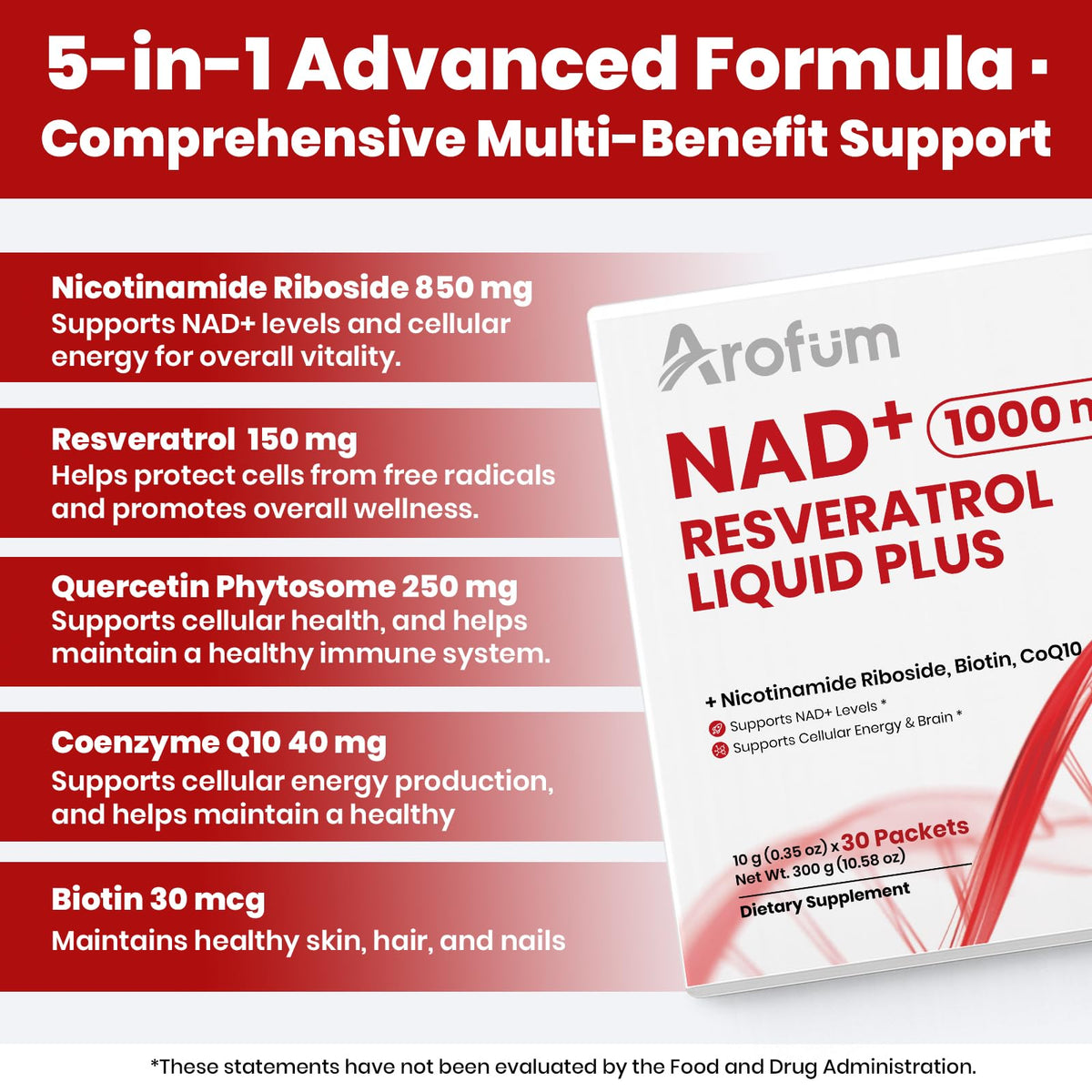 Arofum NAD+ Liquid Supplement 1000mg | 850mg Nicotinamide Riboside with Resveratrol, Quercetin, CoQ10 & Biotin | Cellular Energy, DNA Repair, Healthy Aging | NAD Supplements for Women & Men 30 Packets ArofumBuy Supplements Australia