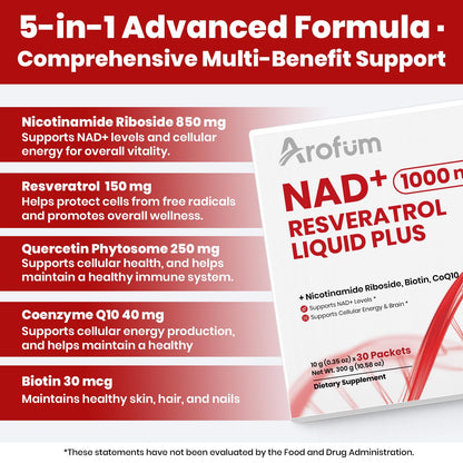 Arofum NAD+ Liquid Supplement 1000mg | 850mg Nicotinamide Riboside with Resveratrol, Quercetin, CoQ10 & Biotin | Cellular Energy, DNA Repair, Healthy Aging | NAD Supplements for Women & Men 30 Packets ArofumBuy Supplements Australia