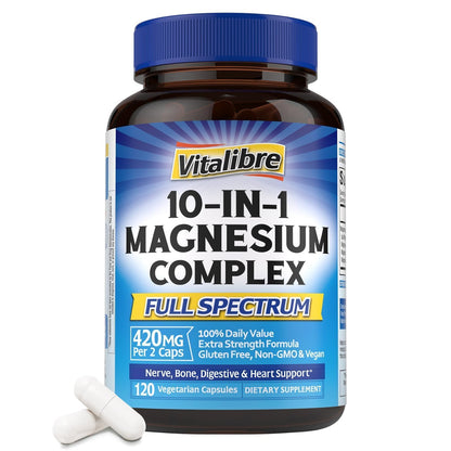Vitalibre 10 in 1 Magnesium Complex, 420mg Elemental Magnesium | Ultra Strength, Max Absorption | Chelated Magnesium Supplement for Nerves, Bone & Heart Health