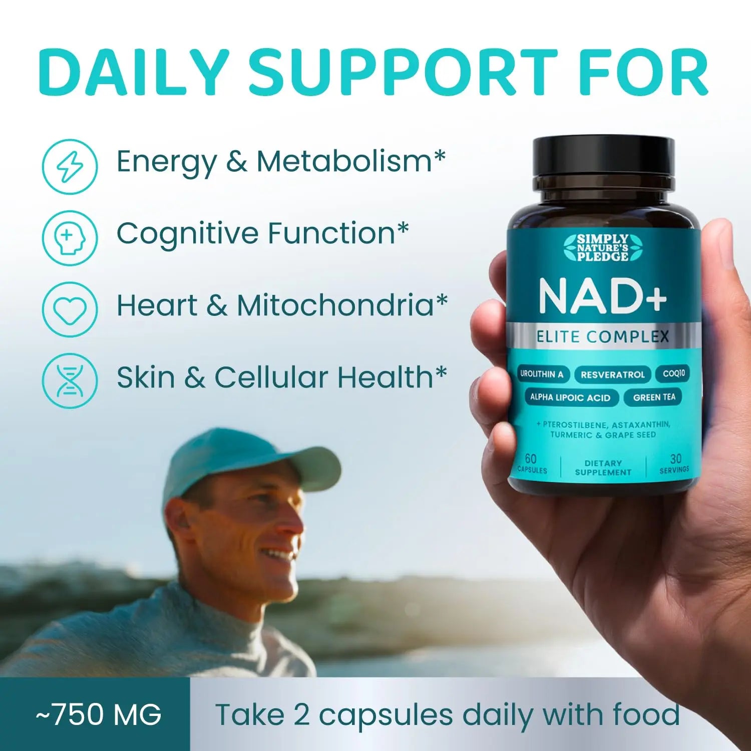 NAD+ Elite Complex – Direct NAD+ 300 mg with Urolithin A, Resveratrol, CoQ10 & Antioxidant Blend – Cellular Energy, Mitochondrial Support & Healthy Aging – Vegan, Non-GMO, 60 Capsules (30 Servings) Simply Nature's PledgeBuy Supplements Australia