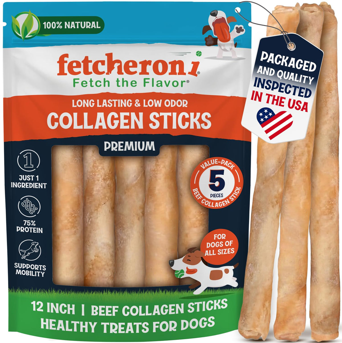 FETCHERONI 12" Collagen Sticks for Dogs – Low Odor Long-Lasting Bully Stick & Rawhide Alternative, Single Ingredient Beef Bone, High Protein Dental Treat, Vet Approved, Improves Joint Health – 5 Pack FETCHERONIBuy Supplements Australia