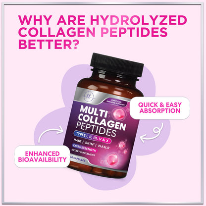 Multi Collagen Supplement 2400 mg - Types I, II, III, V & X Multi Collagen Peptides Pills for Women & Men, Hydrolyzed Collagen Supplements, Hair, Skin, Nail, & Joint Support Supplement, 60 Capsules Hello Lovely!Buy Supplements Australia