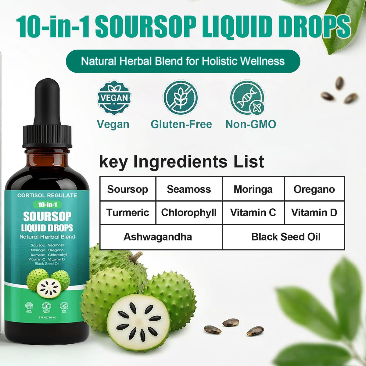 CORTISOL REGULATE Soursop Liquid Drops, 10-in-1 Blend with Sea Moss, Moringa, Turmeric, Black Seed Oil, Oregano, and More, 2 fl oz (1 Pack) CORTISOL REGULATE buy supplements Au