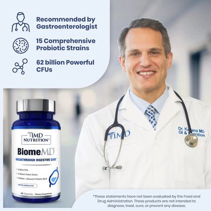 1MD Nutrition BiomeMD Probiotics | 62 Billion CFUs, 15 Comprehensive Strains - Pro & Prebiotics | Doctor-Formulated for Digestive Health & Immune Support | 30 Capsules 1MD NutritionBuy Supplements Australia