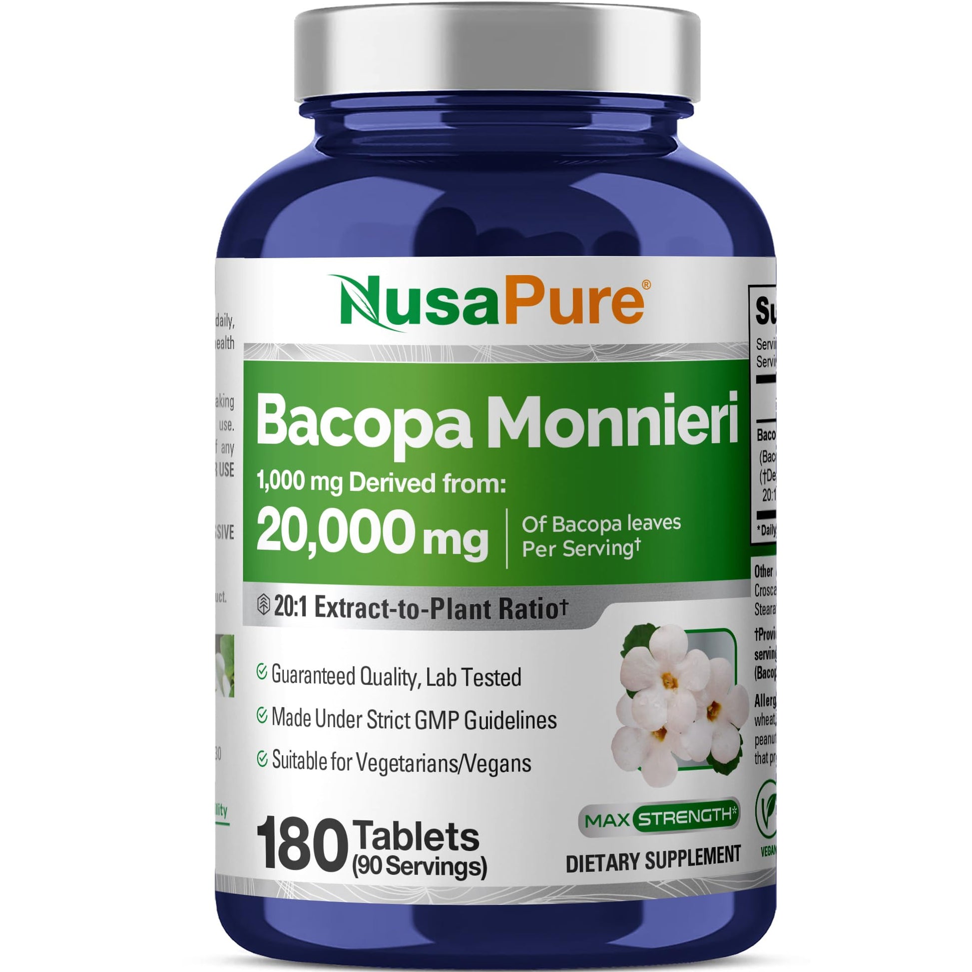 NusaPure Bacopa Leaf Monnieri Extract 20,000 mg 180 Tablets (Extract 20:1, Non-GMO, Gluten Free & Vegan) NusaPureBuy Supplements Australia