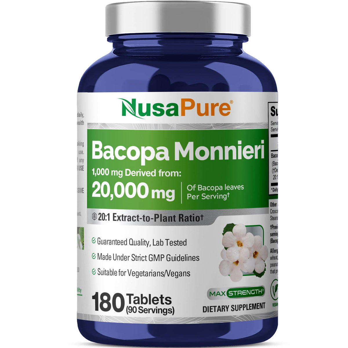NusaPure Bacopa Leaf Monnieri Extract 20,000 mg 180 Tablets (Extract 20:1, Non-GMO, Gluten Free & Vegan) NusaPureBuy Supplements Australia