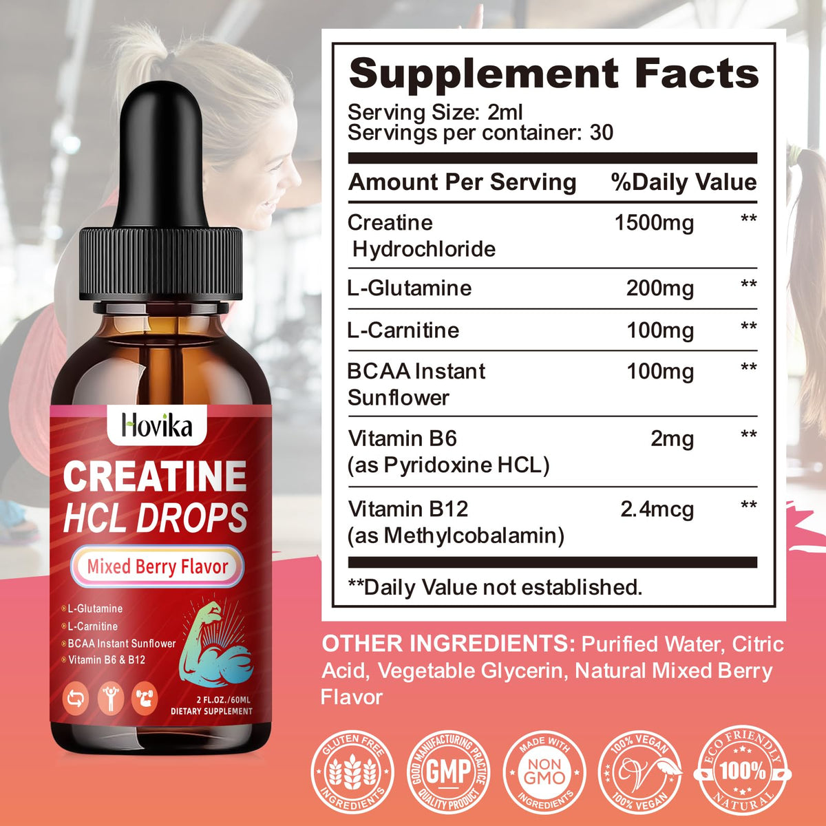 Creatine HCL Liquid Drops for Men & Women, Creatine Hydrochloride with L-Carnitine, L-Glutamine, BCAA, Vitamin B12 & B6 for Muscle Growth & Recovery-Vegan, Mixed Berry Flavor Flavor, 2 Fl Oz HovikaBuy Supplements Australia
