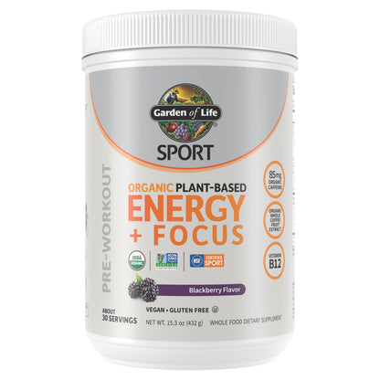 Garden of Life Sport Organic Plant Based Energy + Focus Clean Pre Workout Powder, with 85mg Caffeine, Natural No Booster, B12, Vegan, Gluten Free, Non-GMO, BlackBerry, 15.3 Oz Garden of LifeBuy Supplements Australia