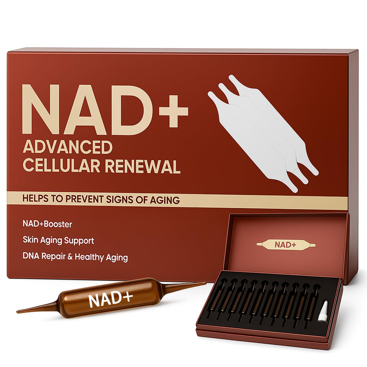 NAD+ Advanced Cellular Renewal product packaging with syringes and a box on a white background