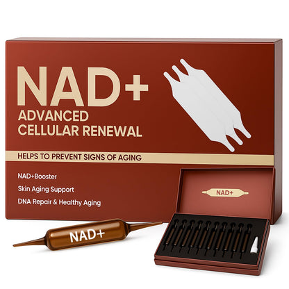 NAD+ Advanced Cellular Renewal product packaging with syringes and a box on a white background