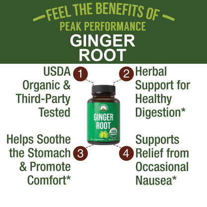 Peak Performance USDA Organic Ginger Root Capsules. Vegan Ginger Pills Supplement for Women & Men to Support Digestion, Occasional Nausea Relief, Gas & Bloat Support, and Gentle Stomach Comfort Peak PerformanceBuy Supplements Australia