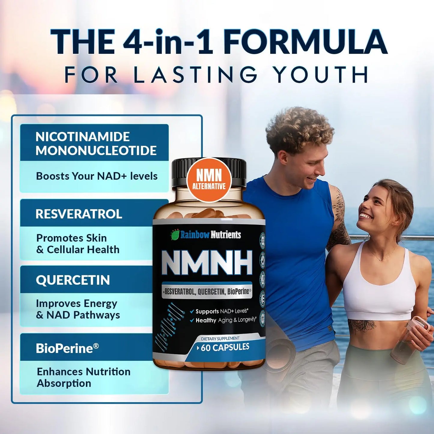 NMNH Supplement (NMN Alternative) NAD Booster for Anti-Aging, Cellular Energy & Nice Skin- Dihydronicotinamide mononucleotide, Resveratrol, Quercetin & BioPerine® for Max Absorption- 60 caps Rainbow Nutrients, LLCBuy Supplements Australia