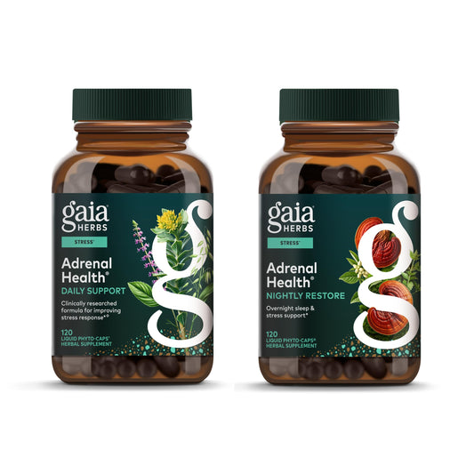 Two bottles of Gaia Herbs Adrenal Health supplements on a white background