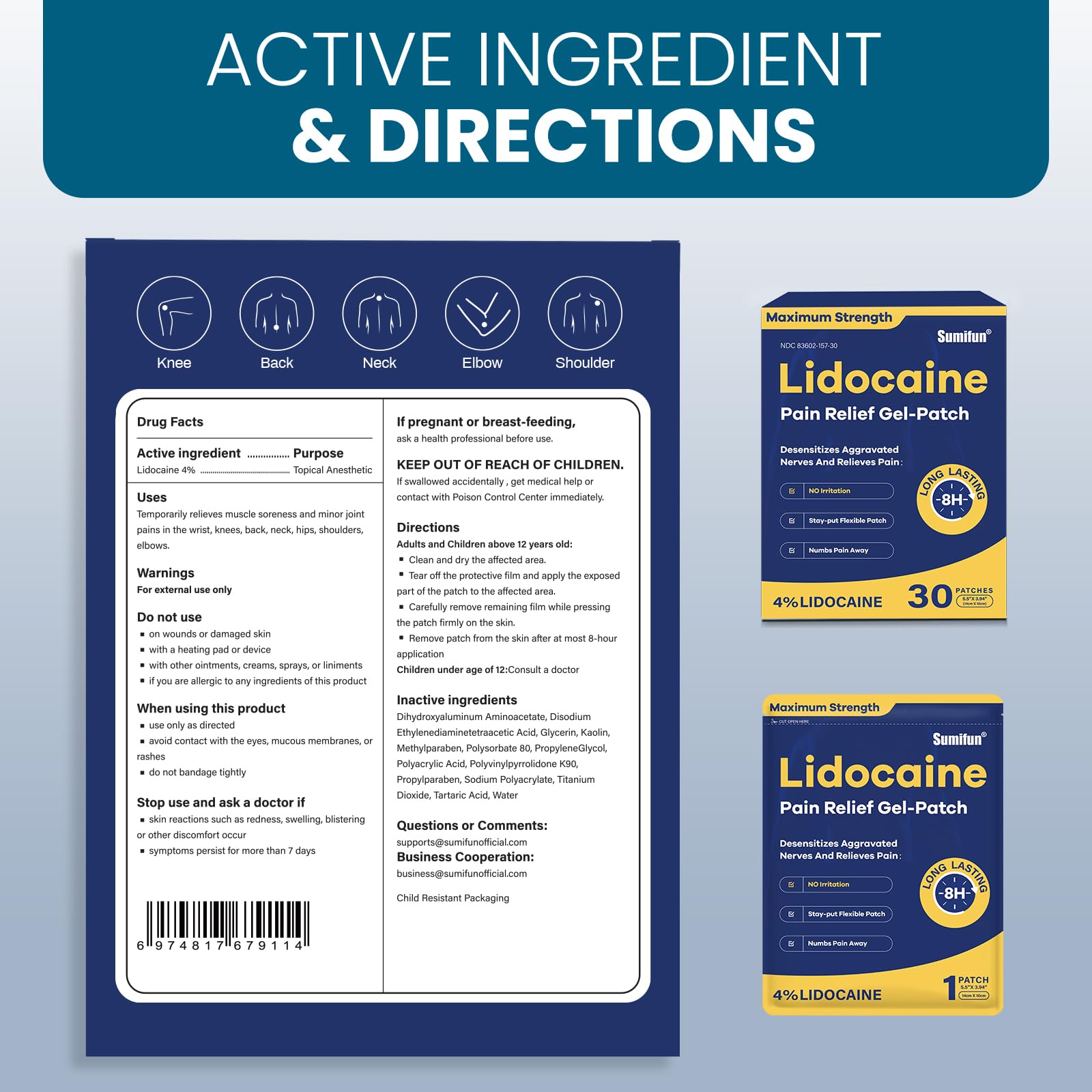Sumifun 4% Lidocaine Pain Relief Patches 30 Count Maximum Strength Numbing Gel Patch for Back Knee Neck Joint Ache Muscle Soreness Topical Analgesic Sumifun buy supplements Au