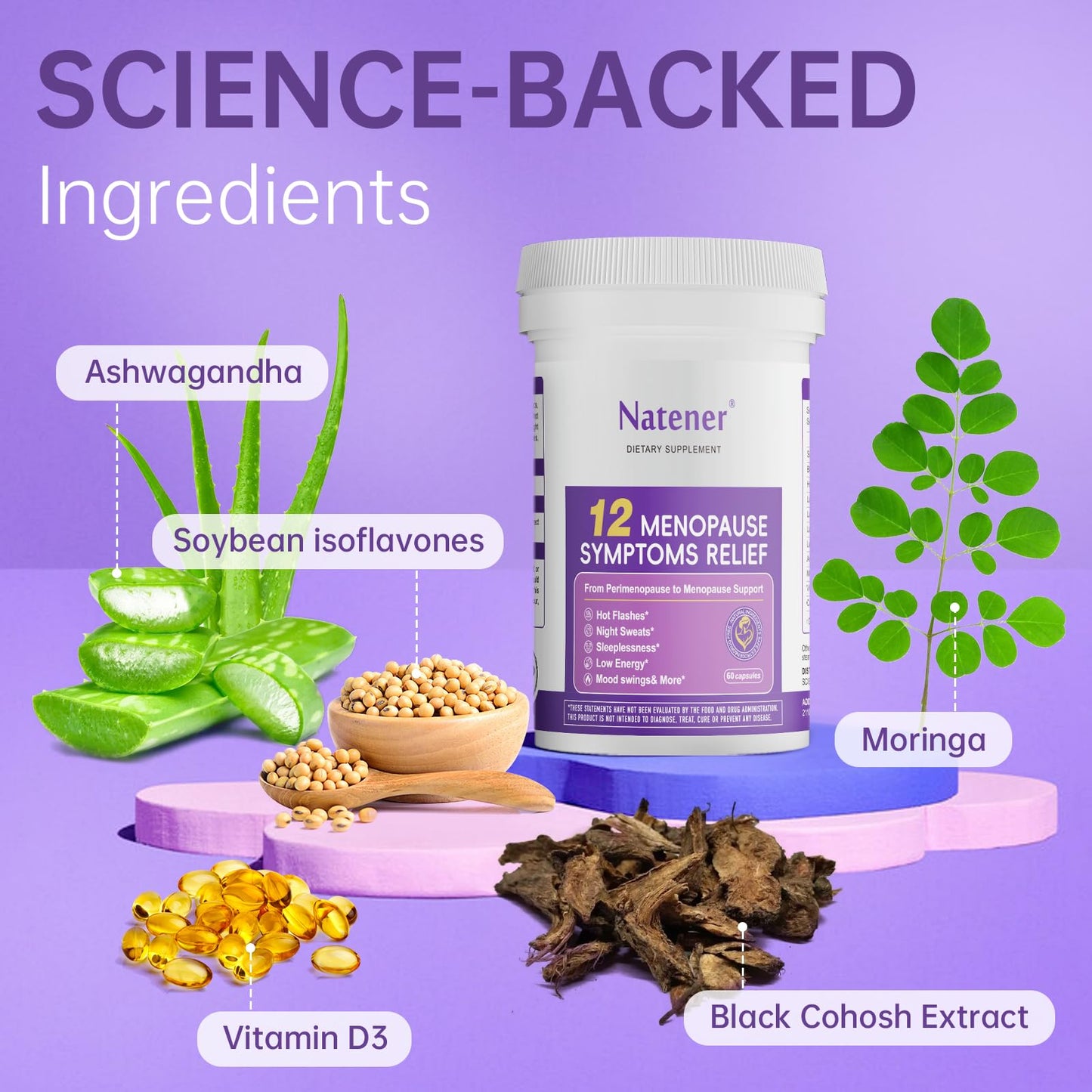 Natener Menopause Supplement for Women, Relieves 12 Menopausal Symptoms* | Black Cohosh + Soy Isoflavones + Ashwagandha + Moringa | for Alleviate Hot Flashes*, Night Sweats*, Weight* & Mood Swings* NatenerBuy Supplements Australia