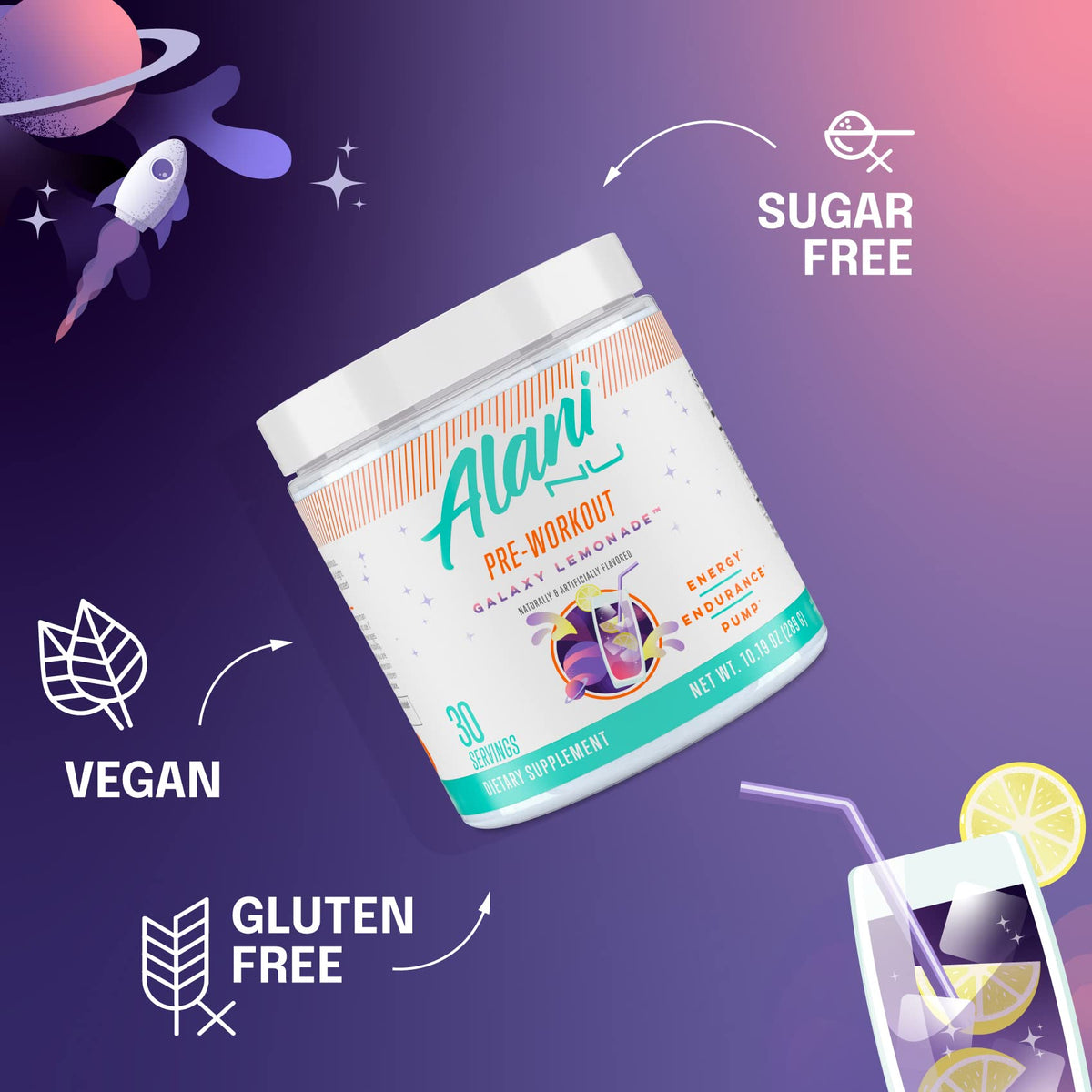 Alani Nu Pre Workout Powder GLAXAY Lemonade, Amino Energy Boost, Endurance Supplement, Sugar Free, 200mg Caffeine, L-Theanine, Beta-Alanine, L-Citrulline, 30 Servings