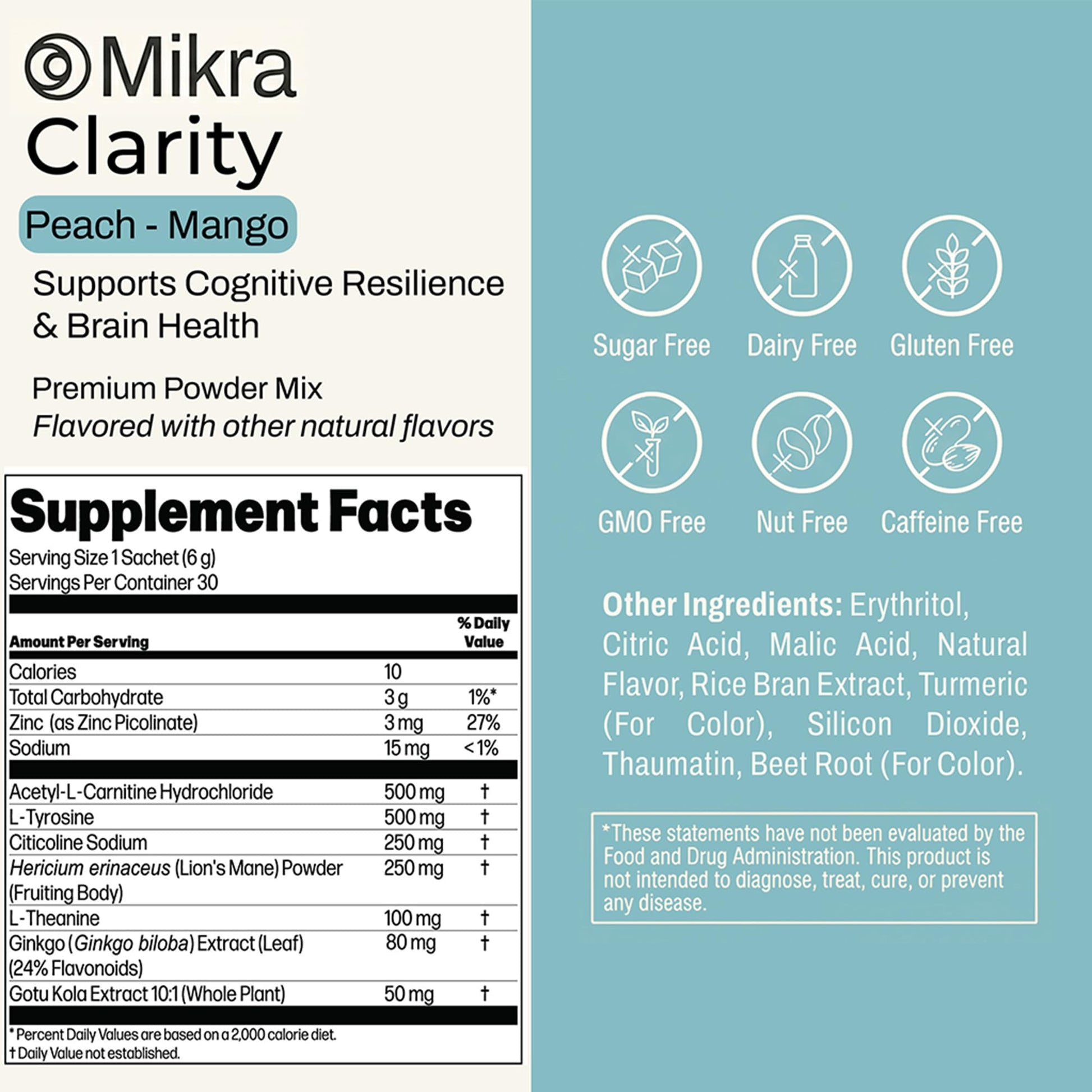 Mikra Clarity Nootropic Focus Drink Mix - Daily Cognitive & Calm Support Formula with Citicoline, Lion’s Mane & L-Theanine - Calm Drink Mix & Focus Aid for Energy and Clarity - 14 Single-Serve Sachets Mikra buy supplements Au