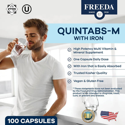 FREEDA Multivitamin One Daily – Quintabs-M with Iron – Kosher Multi Vitamins Supplements for Women Health - Multivitamins for Women & Iron FREEDA
