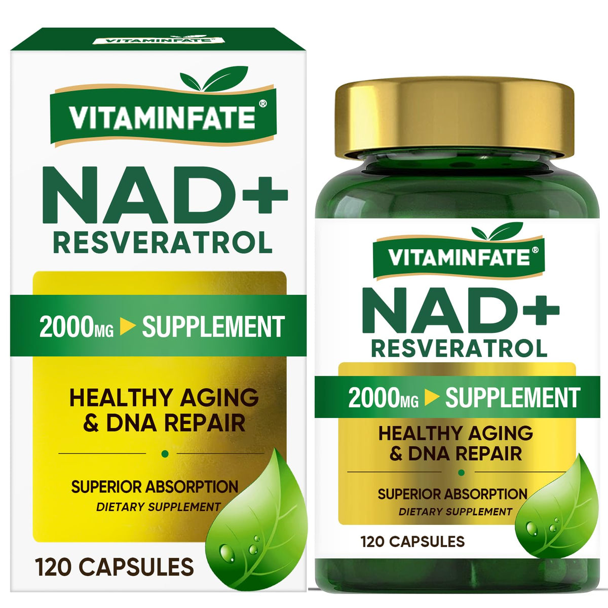Vitaminfate NAD+ Resveratrol supplement bottle and packaging on a white background