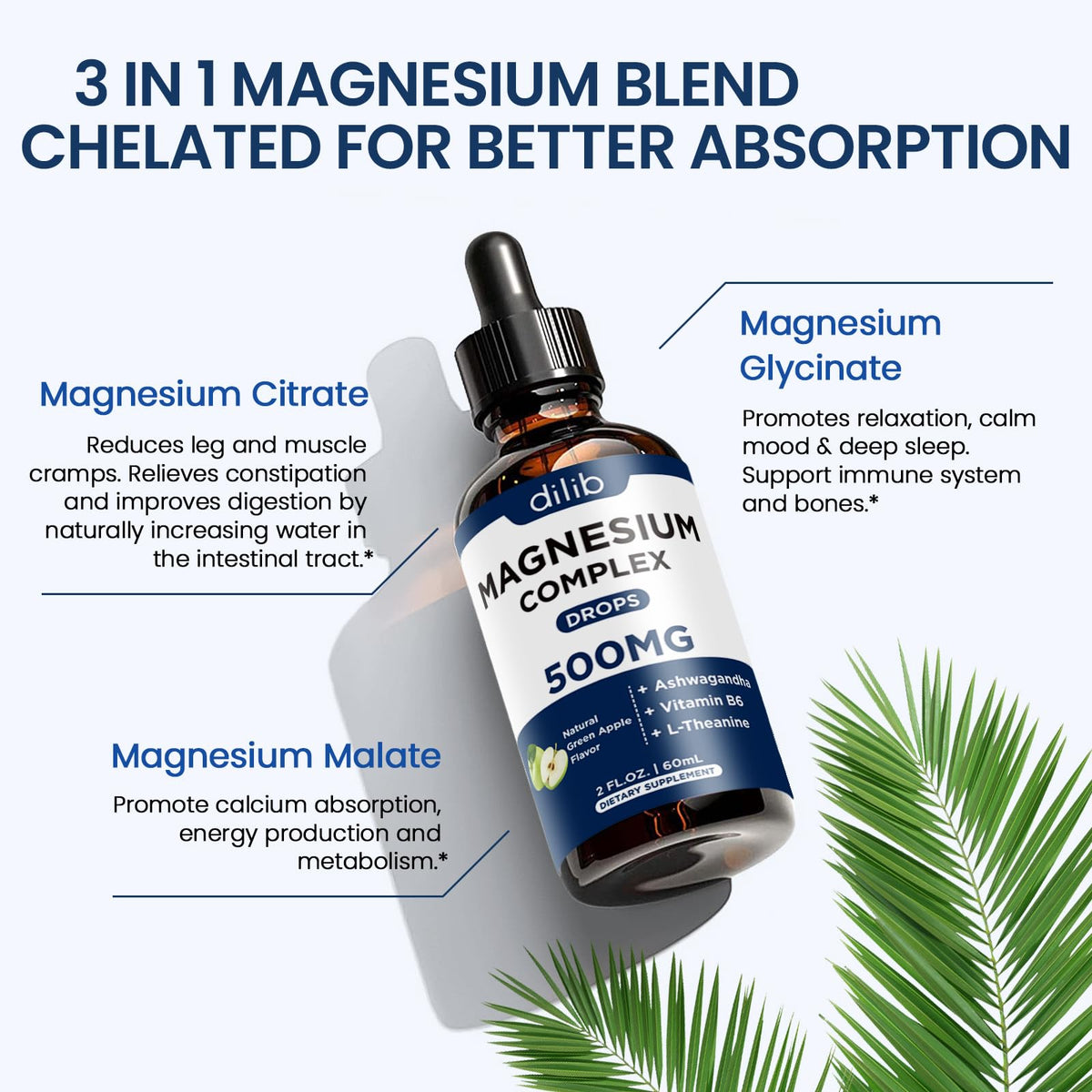 Triple Magnesium Complex Supplement-Magnesium Glycinate, Citrate, Malate Liquid Drops 500mg with Ashwagandha, L-Theanine, B6 for Calm, Stress Relief, Sleep, Muscle Support-Green Apple Flavor dilibBuy Supplements Australia