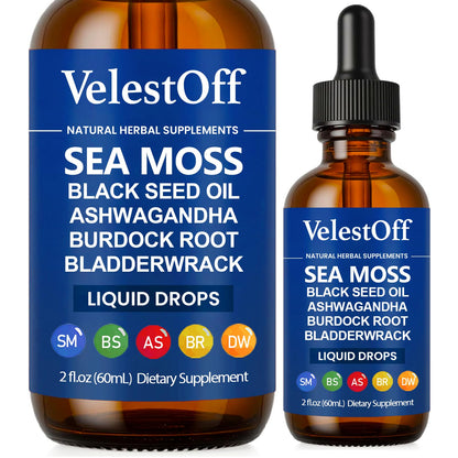 Two bottles of VelestOff natural herbal supplements with blue labels and brown glass.