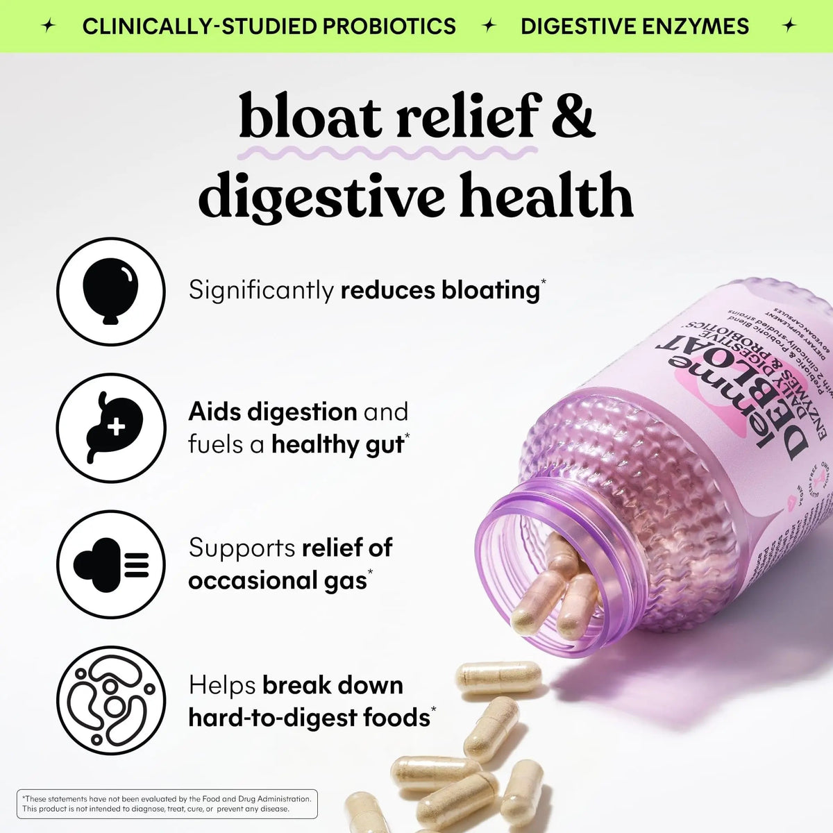 Lemme Debloat 3-in-1 Prebiotic, Probiotic & Digestive Enzyme Capsules for Bloating & Gas Relief - 2 Clinically Studied Probiotics w/5 Digestive Enzymes to Improve Digestion, Women & Men, (60 Count) LemmeBuy Supplements Australia