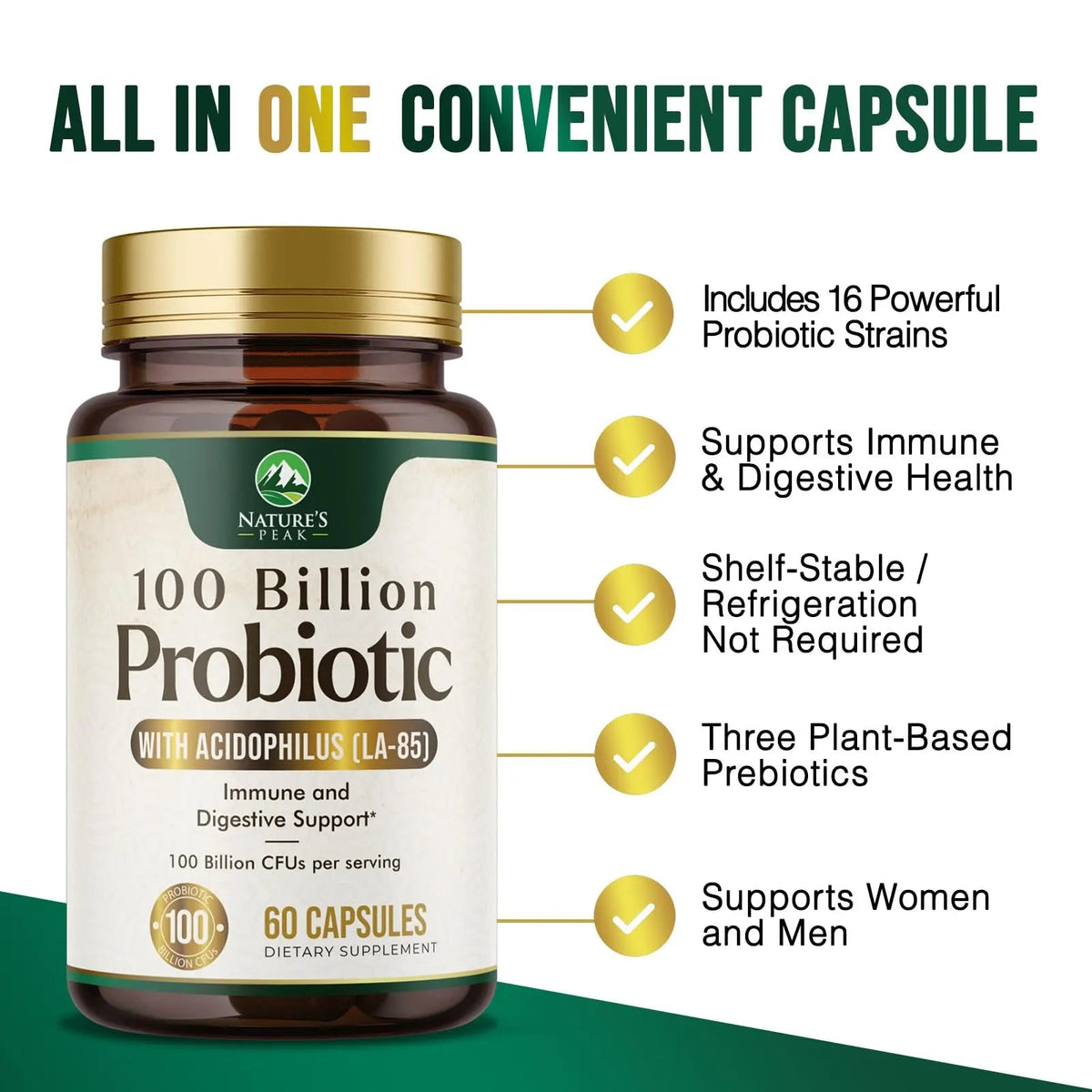 Probiotics 100 Billion CFU Per Serving - 16 Premium Probiotic Strains Prebiotics - Immune Support, Gut Health, Occasional Constipation, Gas & Bloating, Probiotics Supplement, USA Bottled, 60 Capsules Nature's PeakBuy Supplements Australia