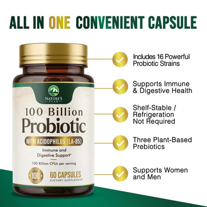 Probiotics 100 Billion CFU Per Serving - 16 Premium Probiotic Strains Prebiotics - Immune Support, Gut Health, Occasional Constipation, Gas & Bloating, Probiotics Supplement, USA Bottled, 60 Capsules Nature's PeakBuy Supplements Australia