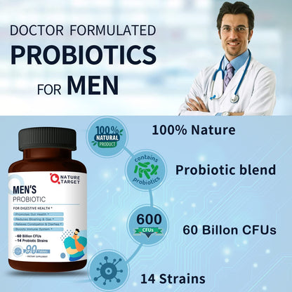 NATURE TARGET Probiotics for Men with Men Care Supplement, Prebiotics & Probiotic for Men's Digestive and Immune Health,60 Billion CFUs & 14 Strains Shelf Stable,
