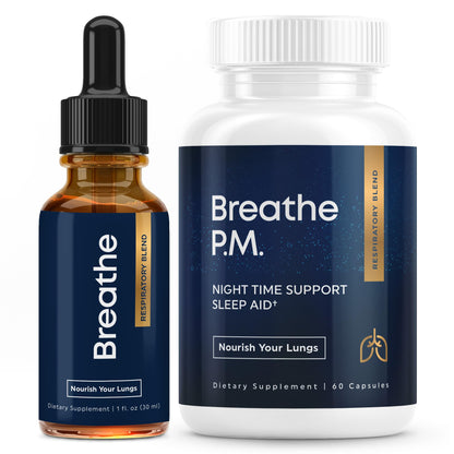 Bottle of 'Breathe P.M.' sleep aid supplement and dropper bottle on a white background