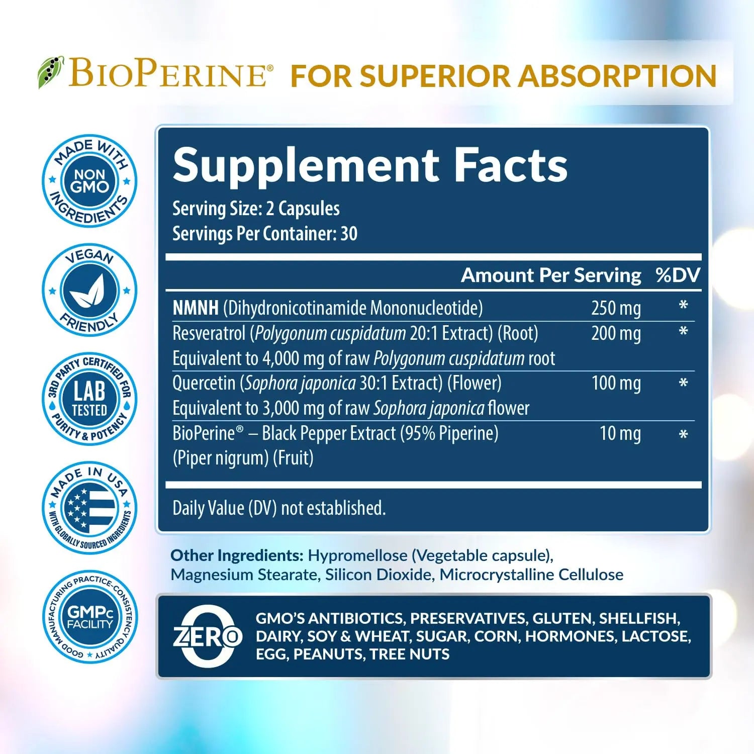 NMNH Supplement (NMN Alternative) NAD Booster for Anti-Aging, Cellular Energy & Nice Skin- Dihydronicotinamide mononucleotide, Resveratrol, Quercetin & BioPerine® for Max Absorption- 60 caps Rainbow Nutrients, LLCBuy Supplements Australia