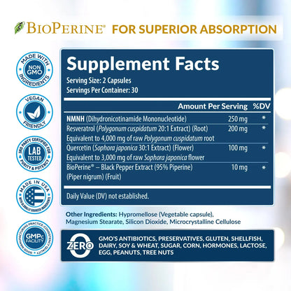NMNH Supplement (NMN Alternative) NAD Booster for Anti-Aging, Cellular Energy & Nice Skin- Dihydronicotinamide mononucleotide, Resveratrol, Quercetin & BioPerine® for Max Absorption- 60 caps Rainbow Nutrients, LLCBuy Supplements Australia