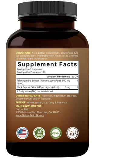 NatureBell Ashwagandha Root with Black Pepper Extract - 240 Capsules - High Strength Adaptogen for Calmness, Relaxation & Immune Support* NatureBellBuy Supplements Australia