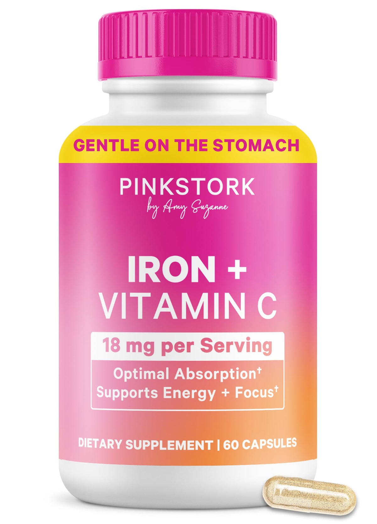 Pink Stork Iron for Women – 18 mg Non-Constipating Iron Bisglycinate + Vitamin C for Optimal Absorption – Energy, Focus, & Oxygen Supply – PMS, Pregnancy, Postpartum & Perimenopause - 60 Capsules Pink StorkBuy Supplements Australia