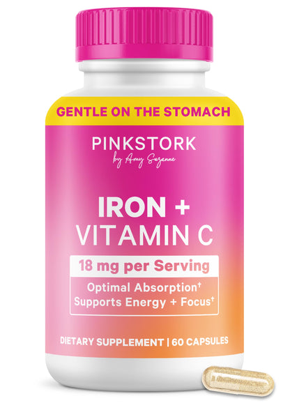 Pink Stork Iron for Women – 18 mg Non-Constipating Iron Bisglycinate + Vitamin C for Optimal Absorption – Energy, Focus, & Oxygen Supply – PMS, Pregnancy, Postpartum & Perimenopause - 60 Capsules Pink StorkBuy Supplements Australia