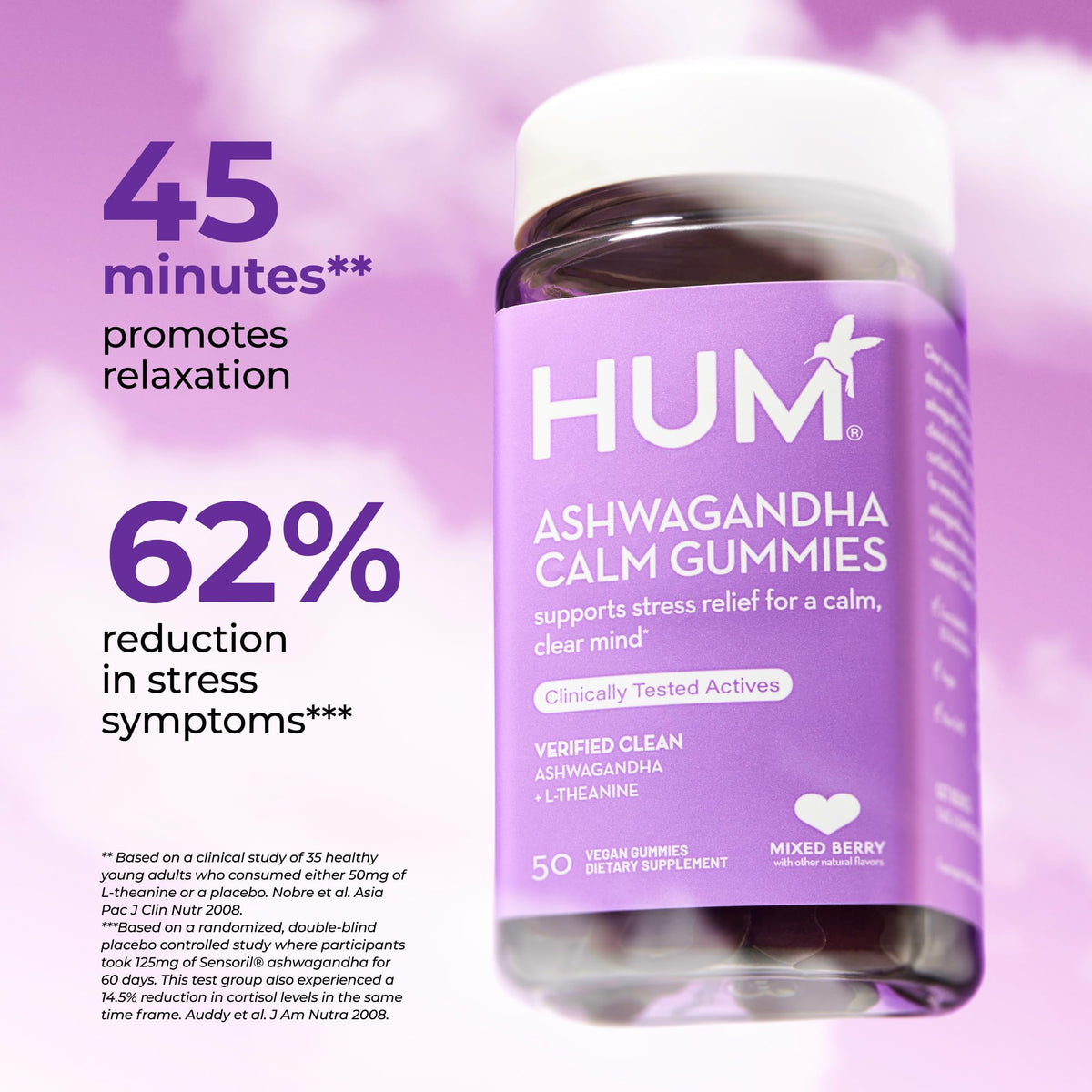 HUM Calm Ashwagandha Gummies for Women and Men, L-Theanine Ashwagandha Supplements for Daily Relaxation & Clarity Support, Vegan Fast Acting Gummy Formula, Mixed Berry Flavor, 60 Gummies HUMBuy Supplements Australia