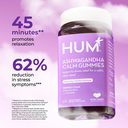 HUM Calm Ashwagandha Gummies for Women and Men, L-Theanine Ashwagandha Supplements for Daily Relaxation & Clarity Support, Vegan Fast Acting Gummy Formula, Mixed Berry Flavor, 60 Gummies HUMBuy Supplements Australia