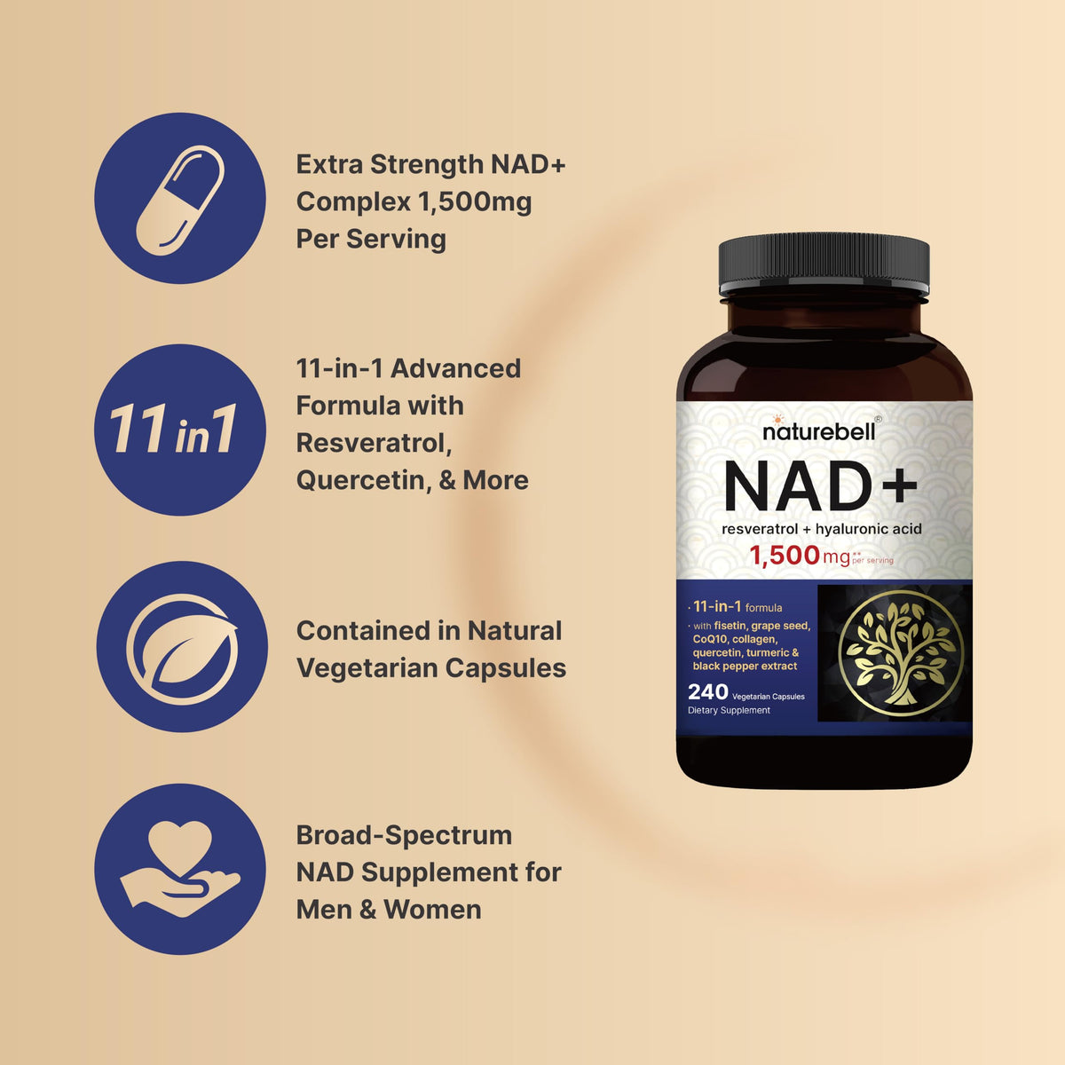NatureBell NAD+ Complex 1,500mg Per Serving, 240 Veggie Capsules | NMN Supplement Alternative | NAD Plus Resveratrol, Hyaluronic Acid, Quercetin, Fisetin, Collagen, & More – Non-GMO NatureBellBuy Supplements Australia