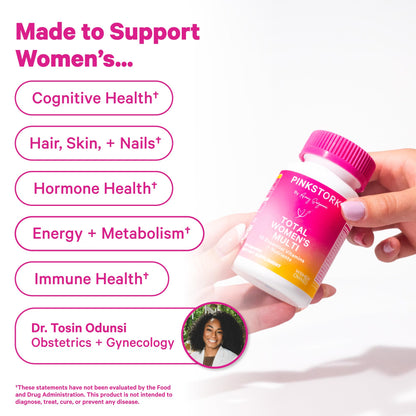 Pink Stork Total Women's Multivitamin - 19 Essential Vitamins for Women & Nutrients – Energy, Metabolism, Hormone, Immune & Mood Support – B6, B12, Biotin, Iron & Zinc – 30 Capsules Pink StorkBuy Supplements Australia